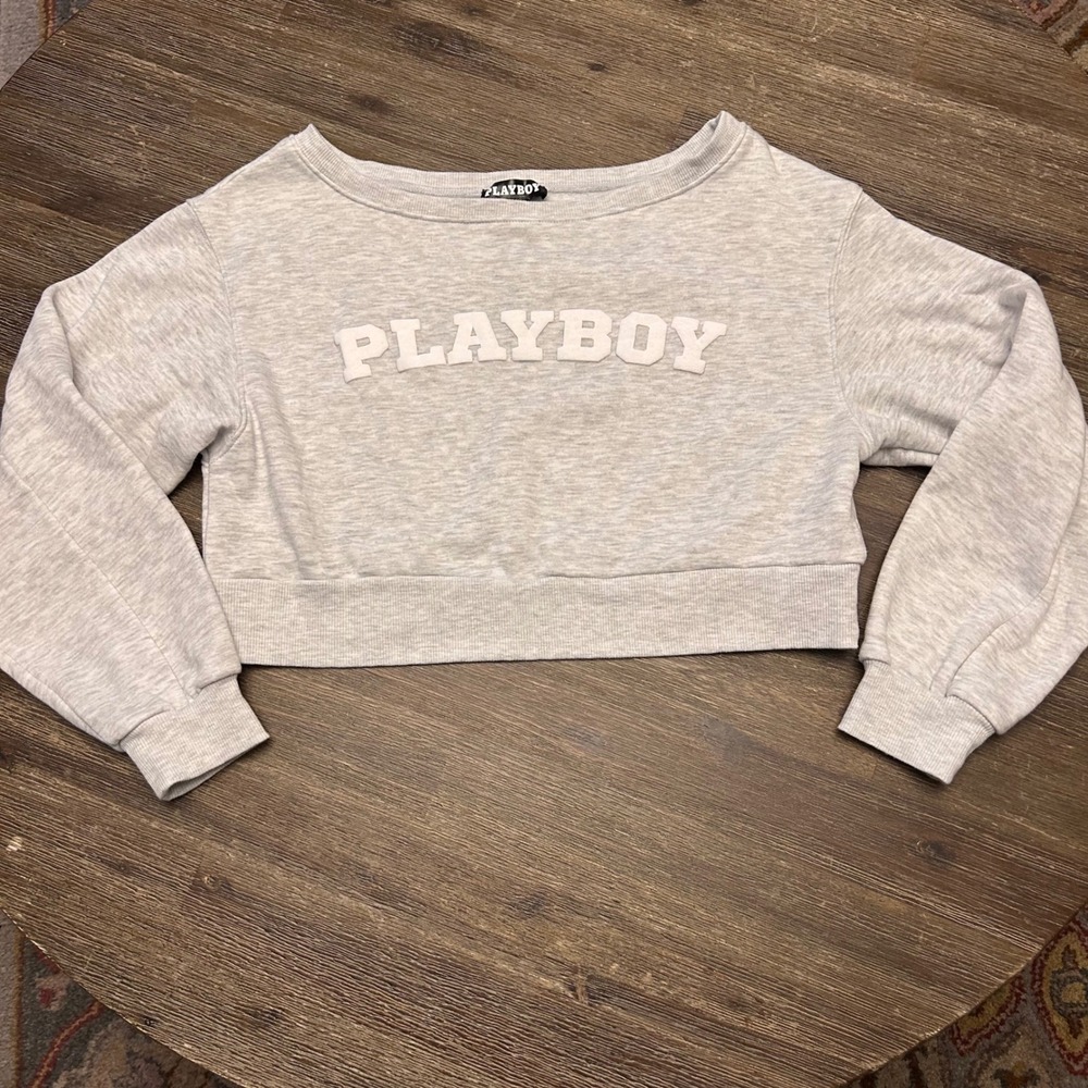 Playboy Cropped Sweatshirt Gray Pullover Long Sleeve Women's Size S P